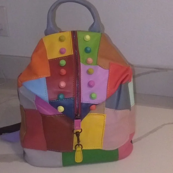 Boho Multicolor Patchwork Leather Backpack | Colorful Festival Cottagecore Y2K - Picture 4 of 16